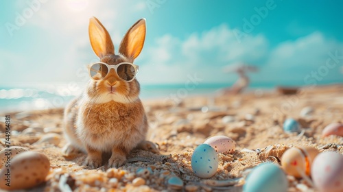 Easter Bunny with Easter eggs on the beach 