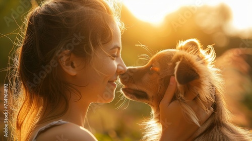 A joyful woman gently touch...