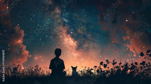 A serene scene of a person and a cat sitting together in a meadow, looking up at a majestic, star-filled night sky.