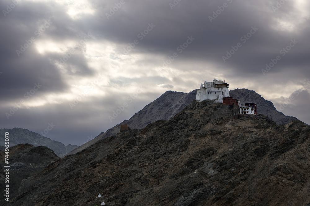 Sunrise in Shey Monastery & Palace, Leh. On the top of the mountain with dramatic clouds in the back