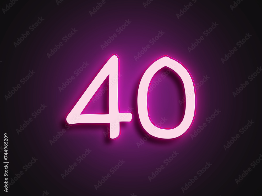 Neon light 3d logo of number 40 on glowing background. Neon light 3d logo of number 40 on glowing background.
