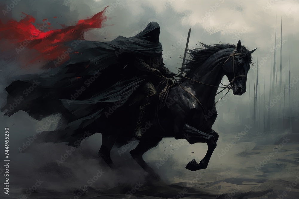 cloaked man rinding a black horse waving a flag with some kind of symbol, digital art style cloaked man rinding a black horse waving a flag with some kind of symbol, digital art style