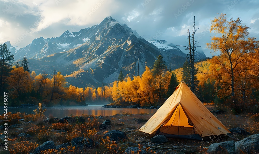 A picturesque camping site in nature with tents and campfire, forest, mountain, generated by AI