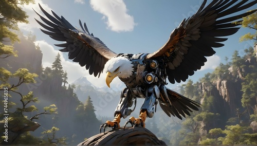 "Experience the fusion of nature and technology as the robotic eagle perches on a tree branch, its mechanical wings spread wide against a backdrop of stunning 8k unreal engine scenery."