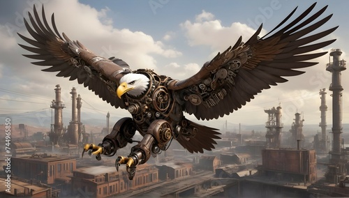 "Immerse yourself in the world of steampunk as the robotic eagle takes flight, its gears and wires seamlessly blending with the industrial landscape in this photorealistic render."