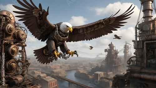 "Immerse yourself in the world of steampunk as the robotic eagle takes flight, its gears and wires seamlessly blending with the industrial landscape in this photorealistic render."