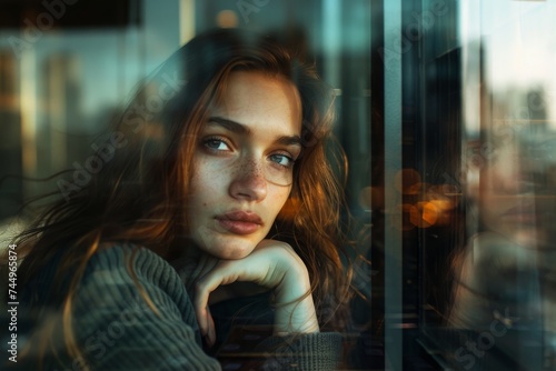 Contemplation through glass: a young woman's pensive stare out the window, an urban world in her eyes.