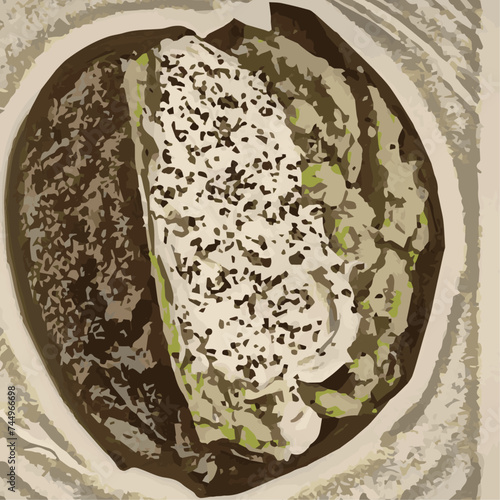An illustration of a baked potato with sour cream and chives