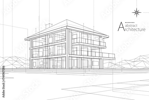 3D illustration abstract urban building out-line drawing of imagination architecture building construction design.
