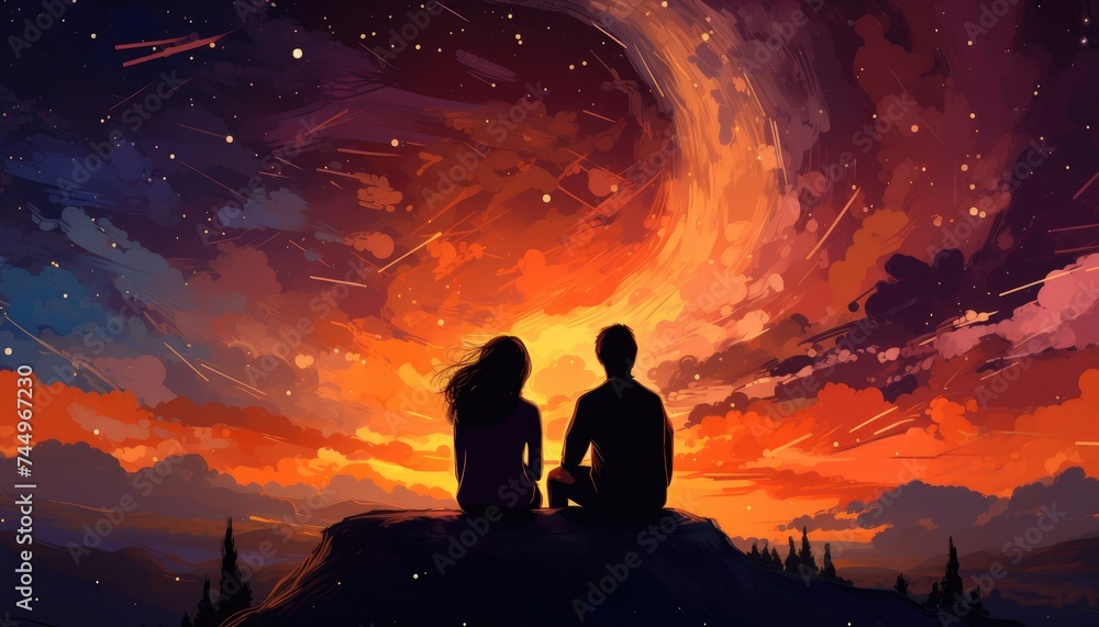 couple sitting and looking at the sky with a spectacular meteor shower couple sitting and looking at the sky with a spectacular meteor shower