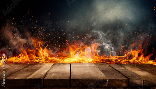 Blazing Presentation: Wooden Table with Fire Flames and Smoke