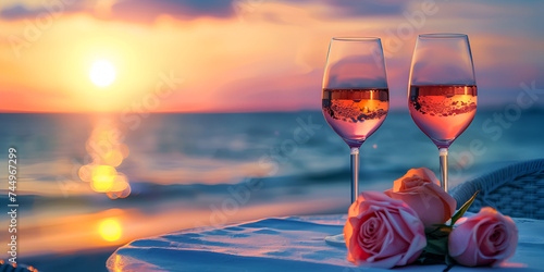 Romantic sunset dinner on the beach table honeymoon, Romance with wine and roses on the beach at sunset