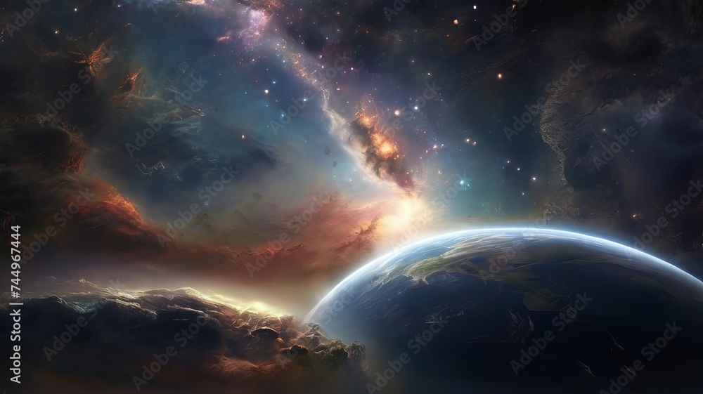 Galaxy Glowing satellites orbit planets in star-filled Night sky, Generative Ai Galaxy Glowing satellites orbit planets in star-filled Night sky, Generative Ai