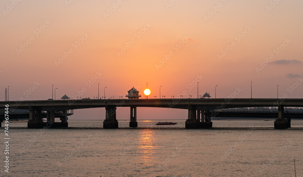 scenery sunset at Sarasin bridge. the bridge is the most important in making businesses .from outside to Phuket has traded a lot of money. .This bridge linking the province of Phang Nga.