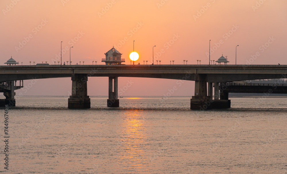 scenery sunset at Sarasin bridge. the bridge is the most important in making businesses .from outside to Phuket has traded a lot of money. .This bridge linking the province of Phang Nga.