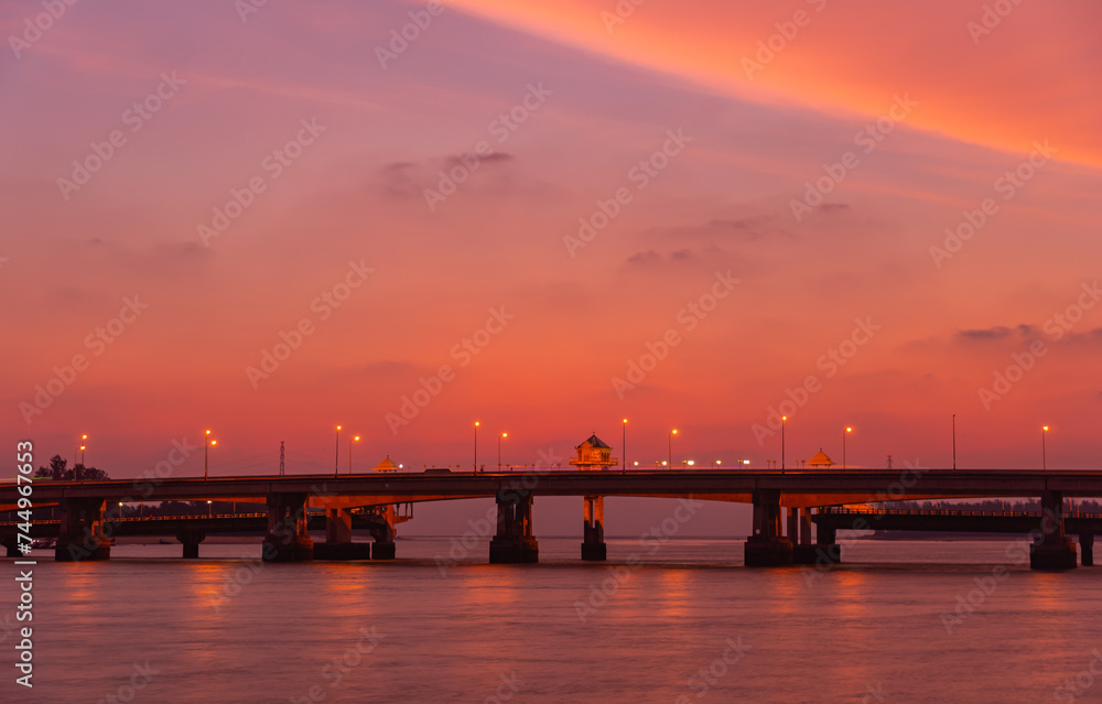 scenery sunset at Sarasin bridge. the bridge is the most important in making businesses .from outside to Phuket has traded a lot of money. .This bridge linking the province of Phang Nga..