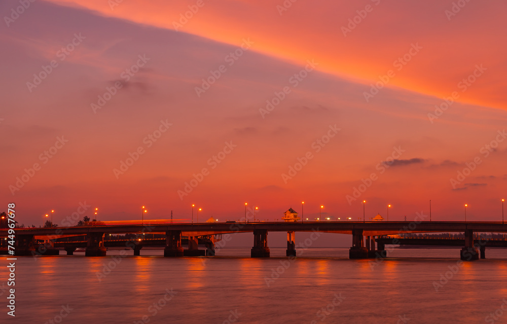 scenery sunset at Sarasin bridge. the bridge is the most important in making businesses .from outside to Phuket has traded a lot of money. .This bridge linking the province of Phang Nga..