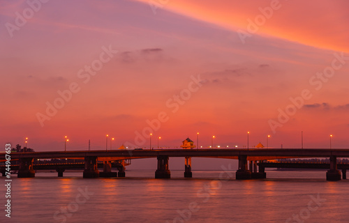 scenery sunset at Sarasin bridge. the bridge is the most important in making businesses .from outside to Phuket has traded a lot of money. .This bridge linking the province of Phang Nga..