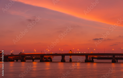 scenery sunset at Sarasin bridge. the bridge is the most important in making businesses .from outside to Phuket has traded a lot of money. .This bridge linking the province of Phang Nga..