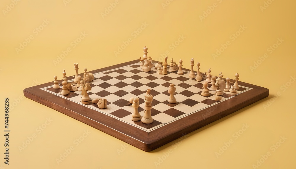Chess pieces and chess board on yellow background Chess pieces and chess board on yellow background