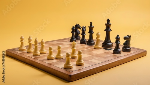 Chess pieces and chess board on yellow background