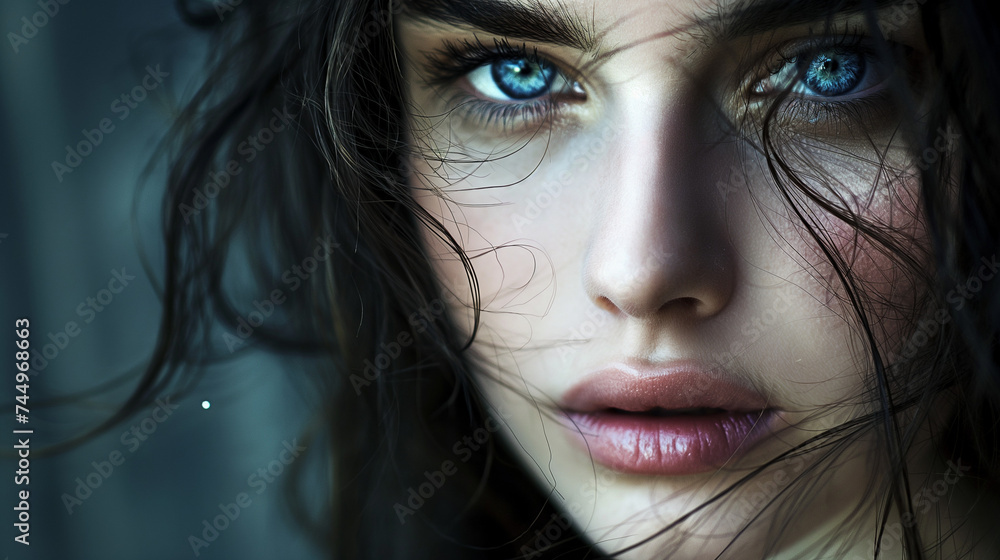 Portrait of a girl with beautiful vibrant blue eyes
