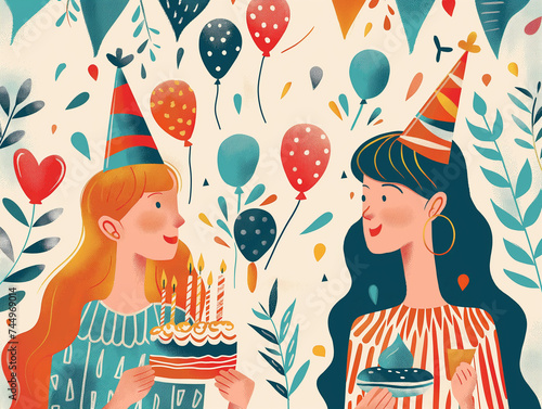 Two happy girls celebrating and partying with balloons and birthday, cake. Retro linography style of illustration