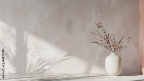 A serene composition featuring a single white vase with delicate red berries  set against a textured wall bathed in the soft light and shadows of a peaceful  natural setting