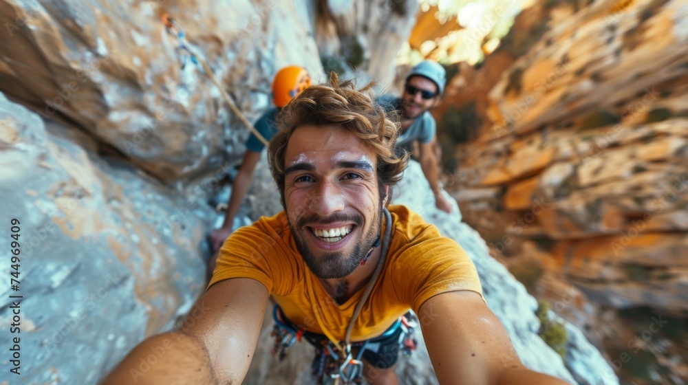 Celebrate the joy of teamwork with a selfie during a thrilling team-building activity like rock climbing Celebrate the joy of teamwork with a selfie during a thrilling team-building activity like rock climbing