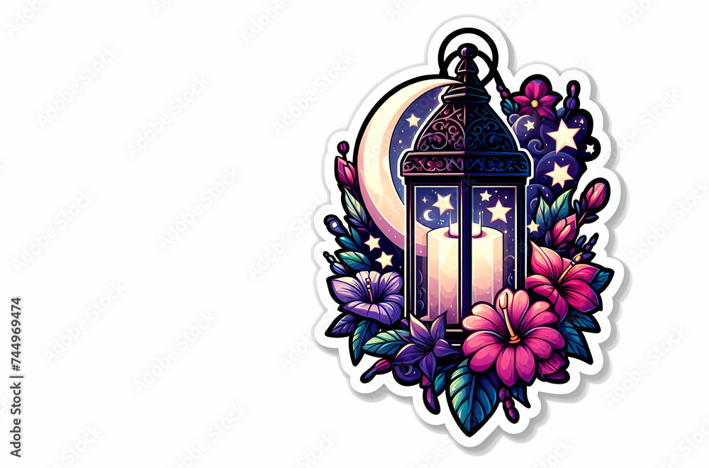 Ramdan kareem  a lantern with roses and a moon in the white background ai generative