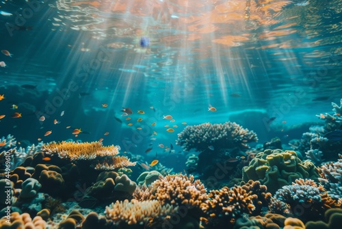 Some corals under the ocean with sun rays shining from them, in the style of naturalist aesthetic, environmental awareness, wetcore, exacting precision, environmental activism, ocean academia, marine 