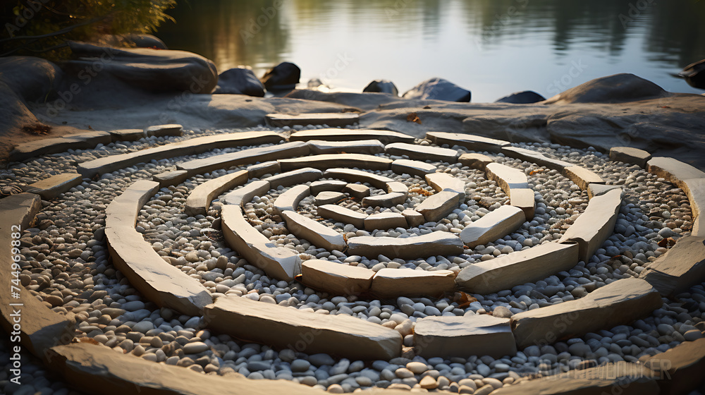 Display a serene lake scene with stones arranged in a spiral pattern.