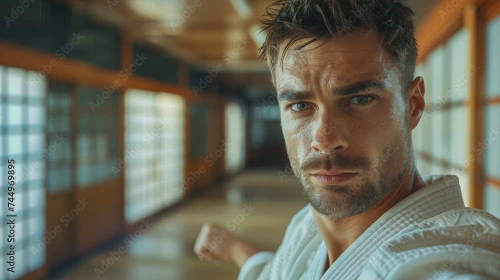 Obraz premium Capture the intensity of a martial arts training session with a focused and determined selfie