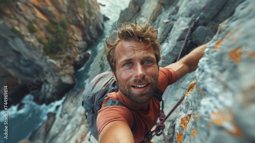 a rock climbing adventure with a gripping selfie scaling a challenging cliff face