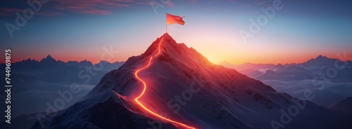 Concept of step-by-step achievement of goals. Glowing path leading to success and achievements concept with flag on peak of mountain. Ad poster for business the presentation. photo