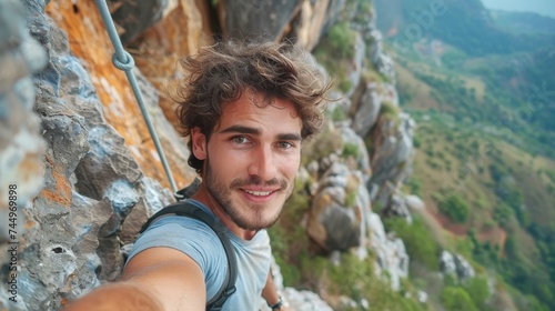 Capture the intensity of a rock climbing adventure with a gripping selfie scaling a challenging cliff face