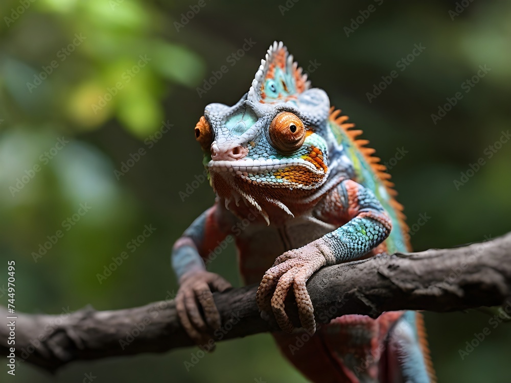 Fototapeta premium Chameleon on a branch looking for food