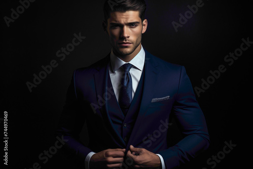 A beautiful male model wearing a tailored navy blue suit, confidently adjusting his tie, standing against a sleek black wall.