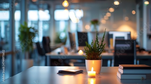 Blurred office - modern office interior with panoramic windows and beautiful lighting. © Teki7