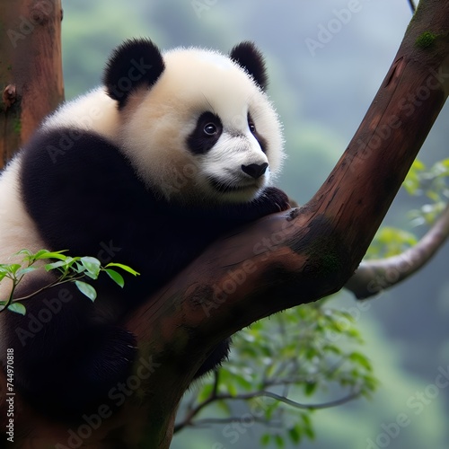 A panda is sitting on top Tree