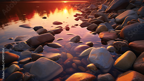 Display stones in warm sunset hues along a riverbank.