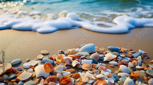 Display stones near the ocean with seashells scattered on the sandy beach.