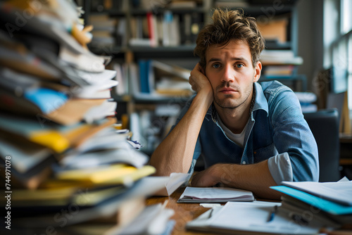Caucasian young adult man in an office, overwhelmed by a mountains of paperwork © lucky pics