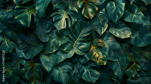 Dark green tropical leaf foliage creating an abstract pattern in nature s background