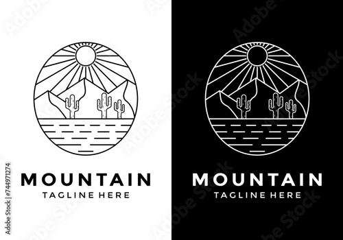 Line art logo design illustration desert mountains with cactus and sun