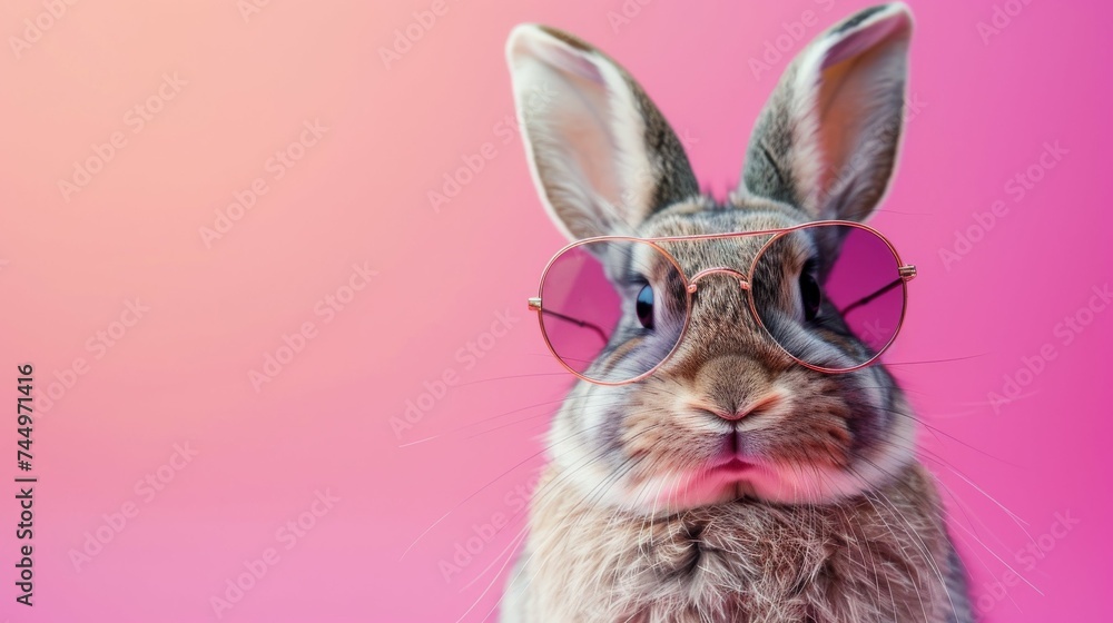 Fototapeta premium Abstract clip art of a smiling rabbit wearing trendy sunglasses. Cool bunny with sunglasses on a colorful pink background. Contemporary colorful background with copy space. For posters, planners, illu