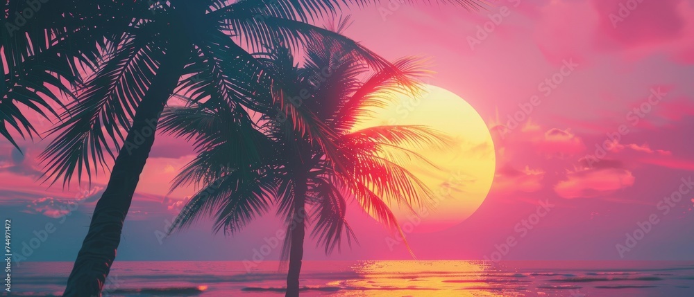 80s inspired neon sunset palm tree silhouettes tropical beach vibe with retro flair