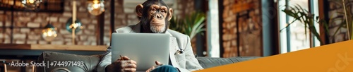 A charismatic monkey in business attire working on a laptop in a creative office space photo