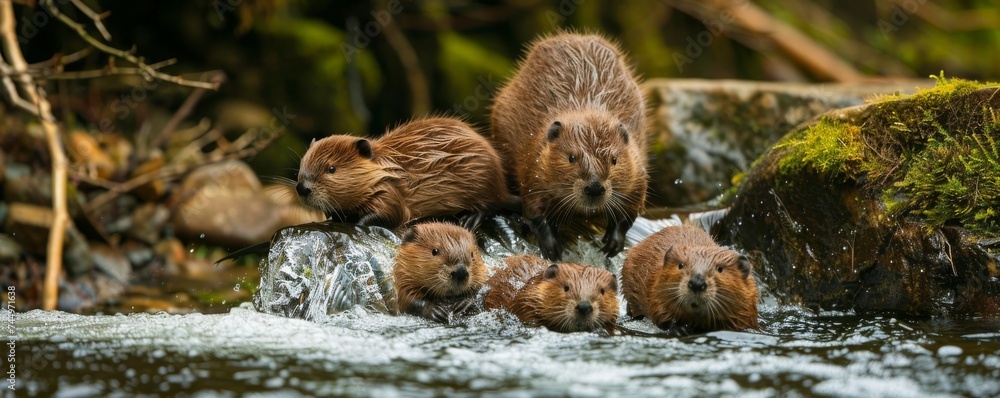 A family of beavers building a dam in a river polluted with toxins