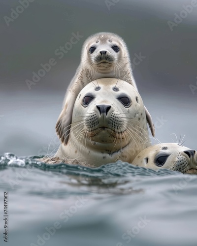 A family of seals struggling to find clean water in a polluted ocean